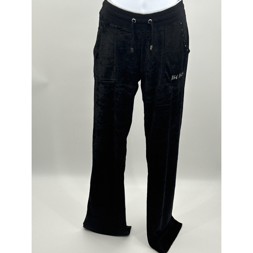 BCBG Women Black Velour Wide Leg Track Pants Rhinestone Studded Joggers M